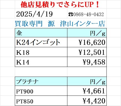 金価格、最高値更新！金 プラチナ買取り価格　買取専門店 源 津山インター店