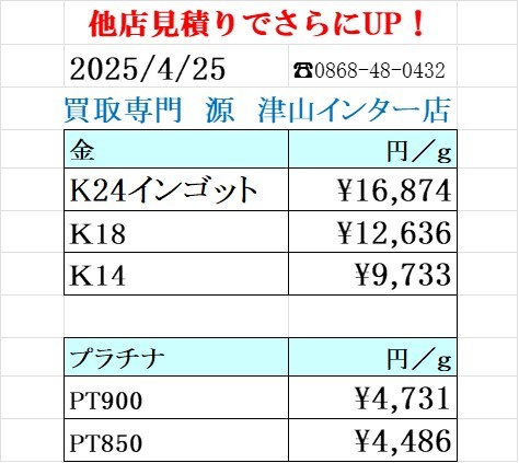 金 プラチナ買取り価格 買取専門店 源 津山インター店
