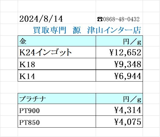 本日の金 プラチナ買取り価格　買取専門店 源 津山インター店