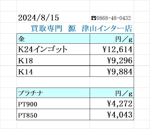 本日の金 プラチナ買取り価格　買取専門店 源 津山インター店