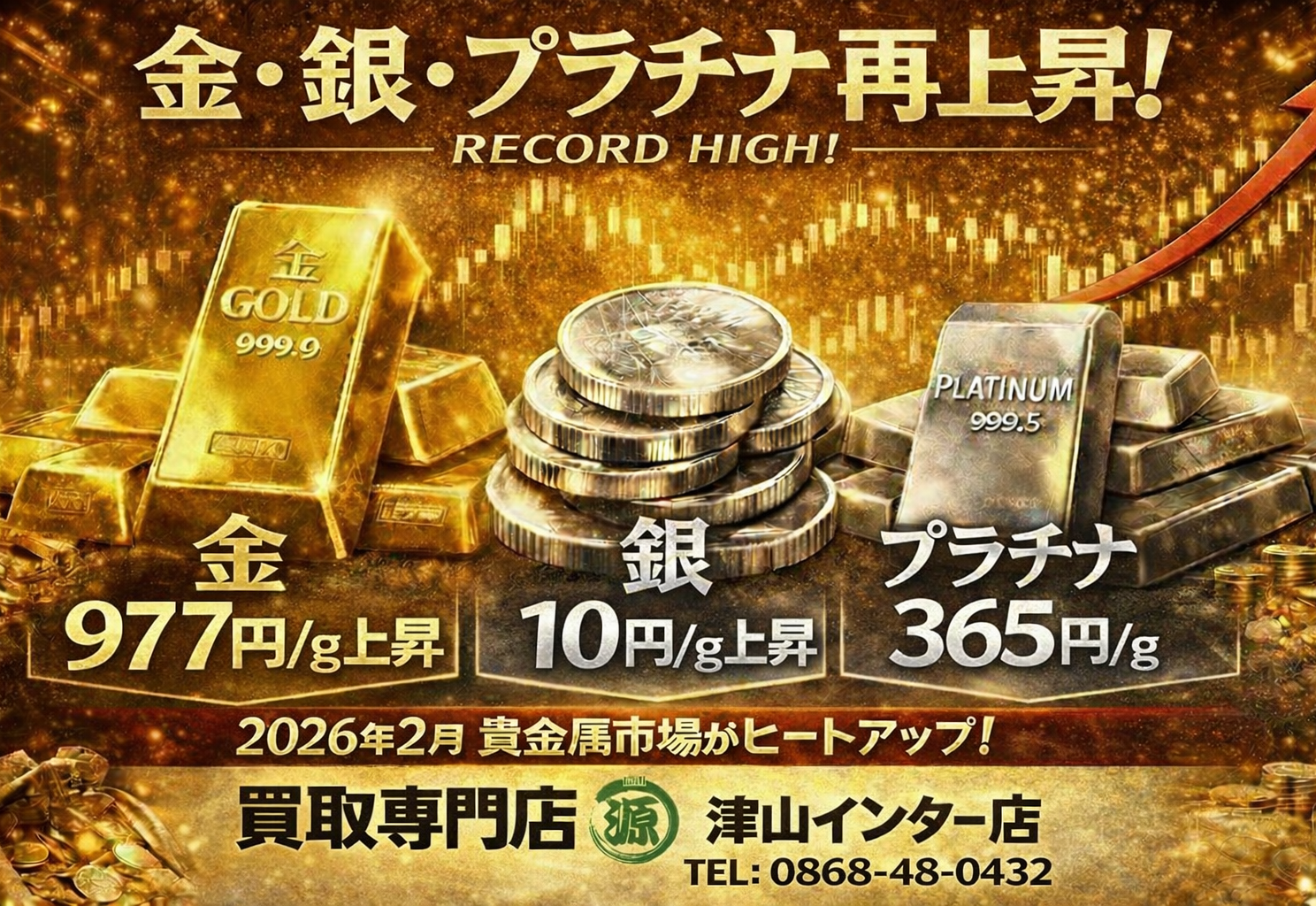 金・プラチナ・銀価格が再び大幅上昇！　買取専門店 源 津山インター店