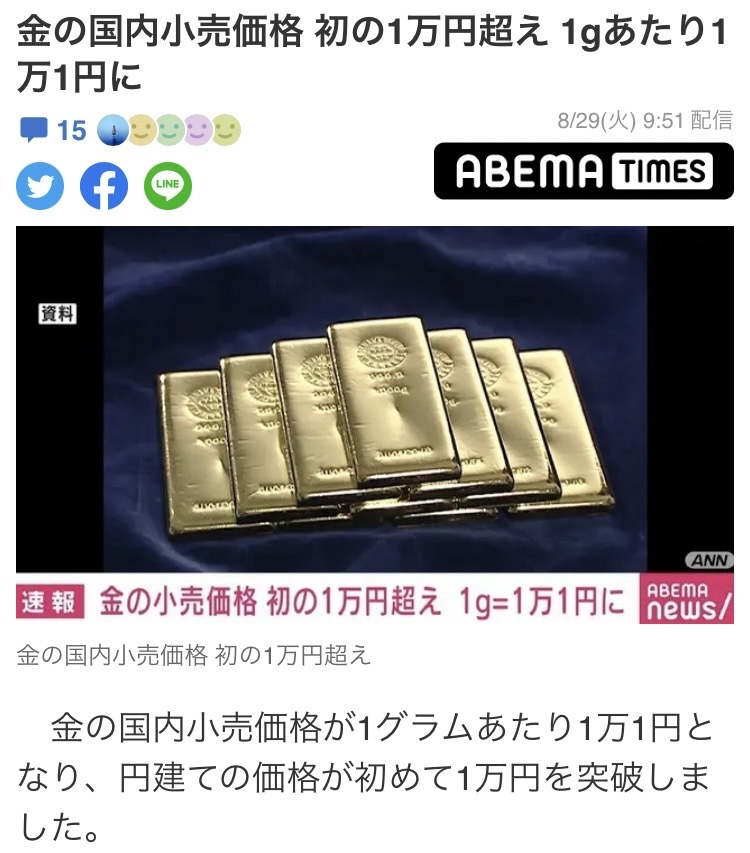 金の国内小売価格が初のＫ24が1万円超え！特別キャンペーンK18を7000円/ｇで買取りします。