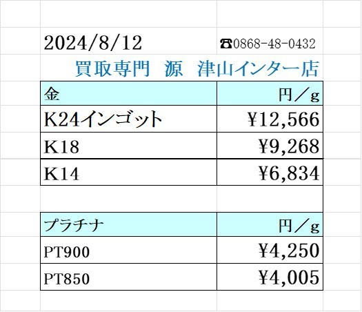 本日の金 プラチナ買取り価格　買取専門店 源 津山インター店